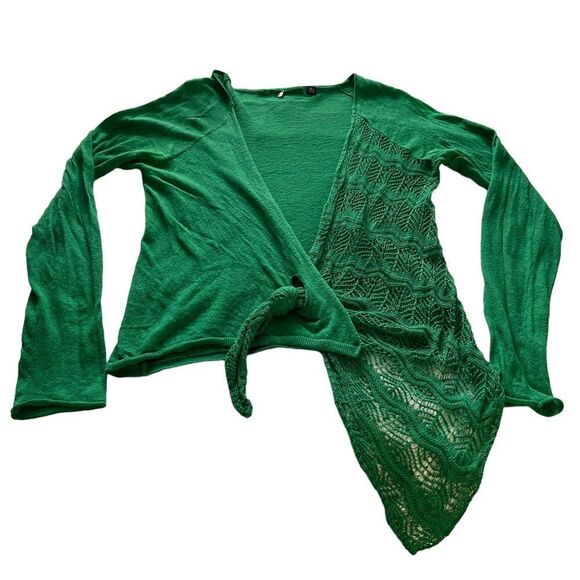 Anthropologie Knitted and Knotted green linen blend wrap open front sweater S - Picture 1 of 13